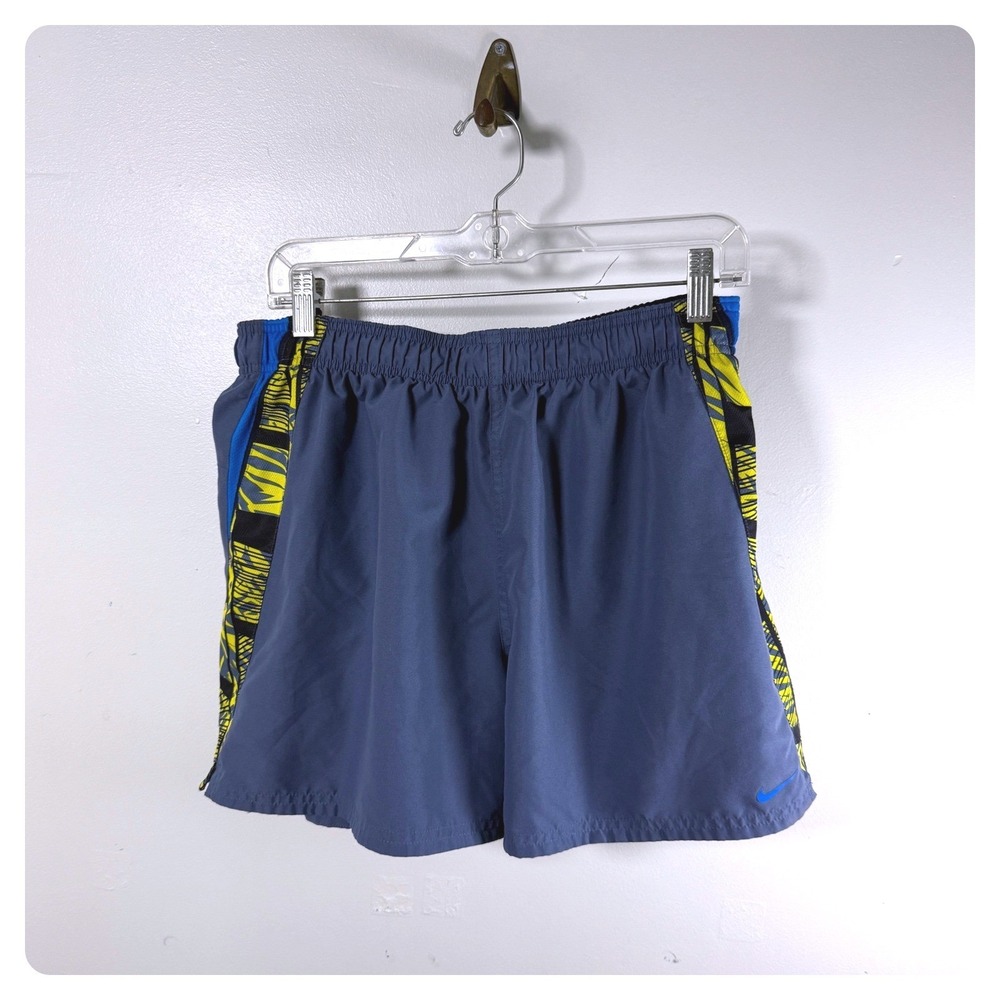 Nike Running Shorts Mens Large Grey Yellow Graphic Side Stripe 5 Inch Inseam
